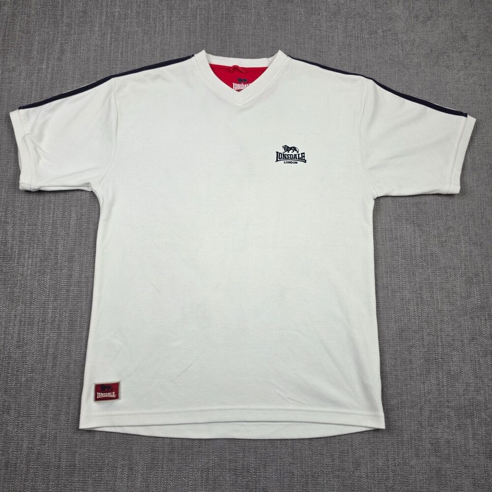 Lonsdale London Men's M White V-Neck T-Shirt Logo Shoulder Stripe Streetwear